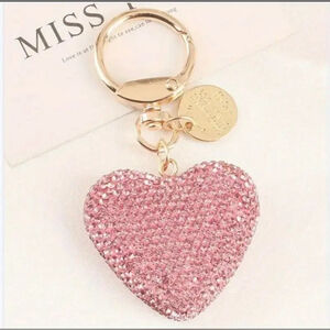 Pink Pave Rhinestone Heart Keychain Bag Charm with gold tone hardware